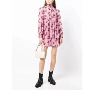NWT Cinq Ã Sept Corrine  Size 12 Pink Sand Muti  Floral Tiered Minidress New